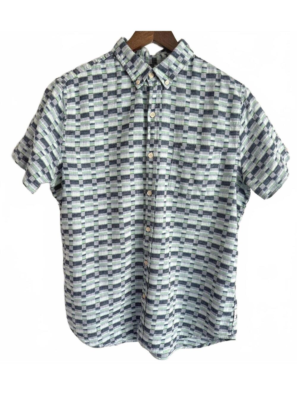 Ben Sherman Shirt Large Green Blue Plaid Linen Cotton Short Sleeve Button Up